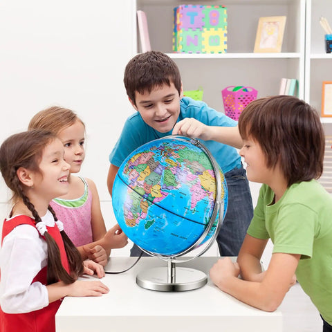 Kids exploring Rotating 13 Inch World Globe With Stand For Kids And Classrooms 720 Degree Spin Precise Time Zone ABS Material Educational