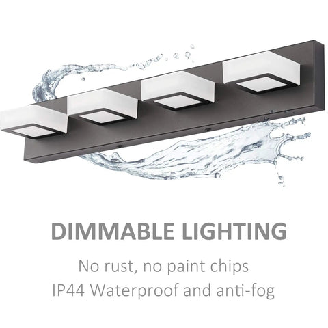 Black Sleek Dimmable LED Vanity Light With Four Lights Modern Stainless Steel And Acrylic Rotatable 360 Degree Wall Fixture