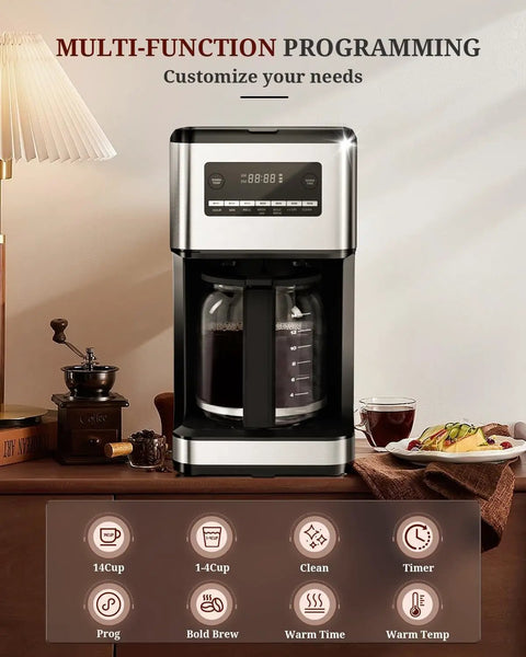 14 Cup Programmable Drip Coffee Maker With Timer Keep Warm Plate Auto Pause Reusable Filter Stainless Steel Carafe