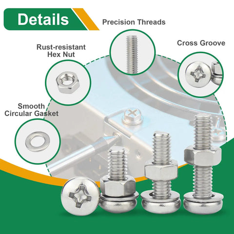 Close-up view of 516 Pcs Socket Head Screws Kit With 21 Sizes M3 M4 M5 M6 Nuts Bolts Washers, showing precision threads.