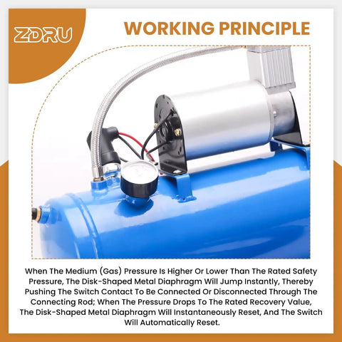 Built Tough Heavy Duty Air Pressure Switch 1/4-18 NPT Male Thread DC 12V 24V Compressor Controller on blue air tank