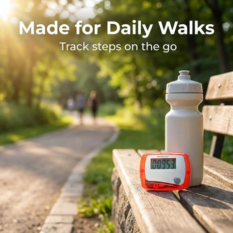Portable Mini Digital Pedometer With LCD Screen Step Counter Tracking Walking Distance In Miles Calorie Burn And Exercise Time Plus Daily Target Monitor For Walks Runs And Daily Fitness On The Go Red on bench by water bottle
