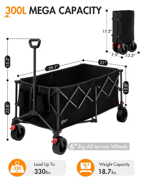 Collapsible Utility Wagon With Big Wheels, 300L Extra Large Foldable Cart for beach camping and garden, compact storage, black