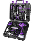 Purple 126-Piece Grab-And-Go Home Repair Tool Set With 8V Cordless Drill, LED Light, Storage Case, Lightweight 1.65 lb Mini Drill For Wood And Plastic, All-In-One DIY Kit For Quick Fixes And Everyday Projects., open black case with purple cordless drill and hand tools