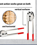 Regular Duty Sealer And Crimper For 1/2 Inch PP Strapping, Heat-Treated Durable Tool With Ergonomic Long-Handle Design, Easy Seal Closure For Quick On-Site Packaging, shown with vertical and horizontal use