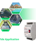 Set It And Forget It Automatic Water Level Controller For 110V Systems with images of swimming pool, fish pond, and reservoir