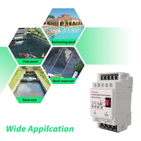 Set It And Forget It Automatic Water Level Controller For 110V Systems with images of swimming pool, fish pond, and reservoir