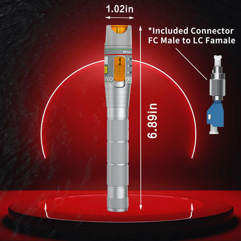 Pen-style fiber visual fault locator with FC-LC adapter, metal body, red light, 6.89in long.