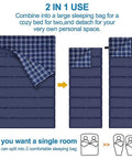 Double Sleeping Bag For Camping And Backpacking, Queen Size Two Person, Waterproof, split into single beds, with plaid flannel lining.
