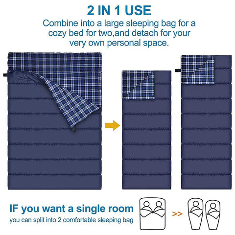 Double Sleeping Bag For Camping And Backpacking, Queen Size Two Person, Waterproof, split into single beds, with plaid flannel lining.