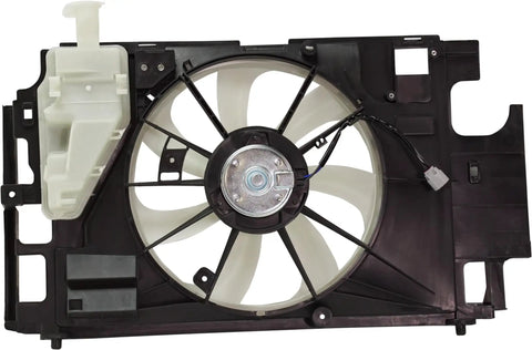 Plug And Swap Radiator Cooling Fan Assembly With Built In Motor Shroud And Bonus Coolant Tank Fits Toyota Prius C 2012 Through 2015 1.5L Hybrid detailed view of fan assembly with shroud.
