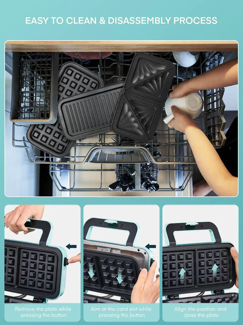 All-In-One Waffle Maker And Panini Press With Removable Plates, 1200W Powerhouse, shown being cleaned with removable plates in dishwasher