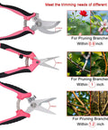 All In One Three Piece Gardening Pruning Set With Bypass Pruners Straight Snips And Floral Shears For Trimming Branches Stems Roses Hedges Herbs Tomatoes And More Outdoor Indoor Garden Tools Pink - different sizes of pruners on white background
