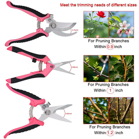 All In One Three Piece Gardening Pruning Set With Bypass Pruners Straight Snips And Floral Shears For Trimming Branches Stems Roses Hedges Herbs Tomatoes And More Outdoor Indoor Garden Tools Pink - different sizes of pruners on white background