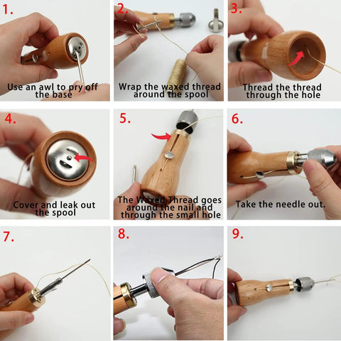 Handy Sewing Awl Kit For Leather Stitching, Portable All-In-One Tool Set demonstration steps for threading and needle setup.