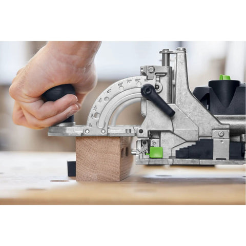 Person using Domino Joiner DF 500 Q Mortising Tool With 5mm Cutter Dial Width Adjust And Oscillating Cutting Action New Model for woodwork