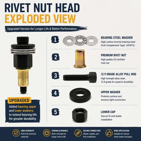 Heavy Duty Pro Grade Carbon Steel Rivet Nut Tool Set 77Pcs M3 To M12 Mandrel Kit With Interchangeable Heads And 60 Rivet Nuts All In One Kit For Fastening Panels Brackets Metal Sheets And More., exploded rivet nut head parts diagram