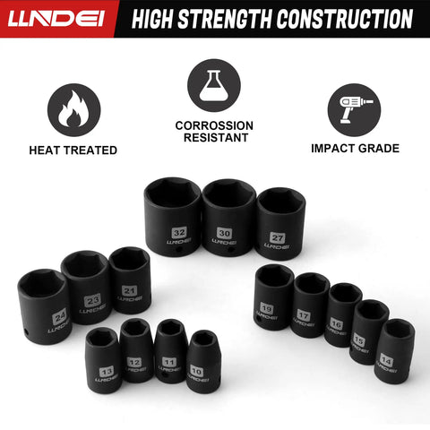 1/2 Inch Drive Impact Socket Set Metric with 16-Piece 6-Point Sockets 10-32mm CR-V Steel Black Phosphate Finish