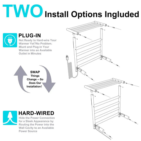 Image showing plug-in and hardwired options for Brushed Gold 4 Bar Heated Towel Rack Wall Mount Electric Towel Warmer For Bathroom