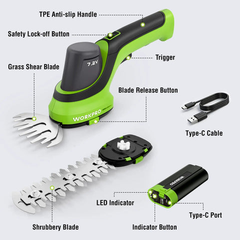 Cordless 7.2V Handheld Grass Trimmer with 2 in 1 Hedge Trimmer and Grass Shears, includes 2Ah battery and Type-C cable