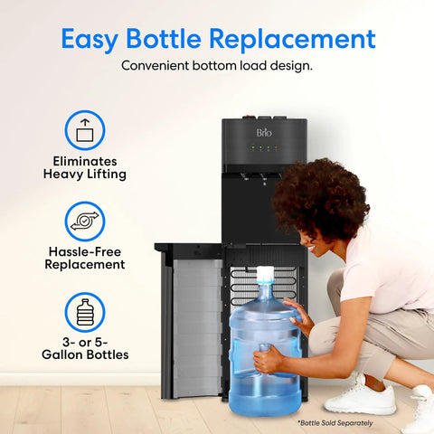Person placing water bottle in self cleaning bottom loading water cooler dispenser in black stainless steel with three temperature settings hot room and cold water easy bottle refill and no fuss back saving convenience for home or office