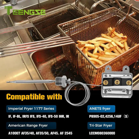 High Limit Fryer Switch Thermostat For Gas Fryers, Three Eighths Inch NPT Thread, 92mm Probe, 80cm Lead next to fries in fryer