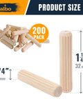 1/4 X 1-1/4 Inch Fluted Wood Dowel Pins, Birch Hardwood Dowels, 200 Pack For Woodworking, DIY Projects, Furniture Repair And Joinery
