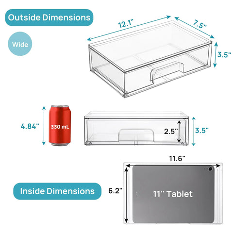 Clear Stackable Storage Drawers 2 Pack Wide Plastic Organizers showing dimensions and tablet storage for bathroom and kitchen use.