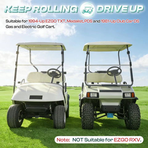 Two golf carts on grass, suitable for 1994-Up EZGO TXT, Medalist, PDS models, excluding EZGO RXV, front view, clear sky.