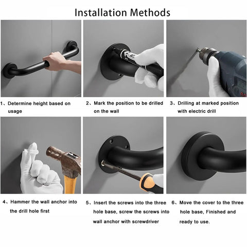 Installation steps for Workhorse Grade 16 Inch Black Shower Grab Bars Two Pack Heavy Duty 304 Stainless Steel Bathroom Safety Handles.