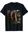 Cool Industrial Gear Ruin Factory Machinery T-Shirt In Classic Fit Black featuring rusted gear design on lightweight black fabric.