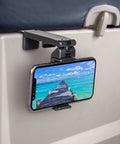 Universal In Flight Phone Holder Mount For Airplane Hands Free Viewing with phone attached on airplane seat back tray