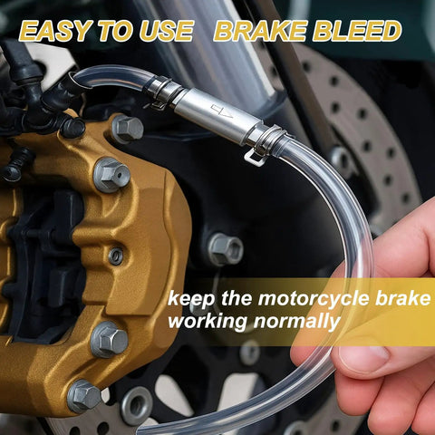 Close-up of One Way Brake Bleeder Hose Kit With Built In Bleeder Valve, Easy No Mess Car And Motorcycle Brake Bleeding Tool Set installed on motorcycle.