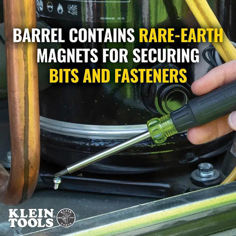 27 In 1 Precision Screwdriver Set With Onboard Storage And Rare Earth Magnet, 26 Precision Bits Plus A 3.5 Mm Nut Driver shown in use with magnet