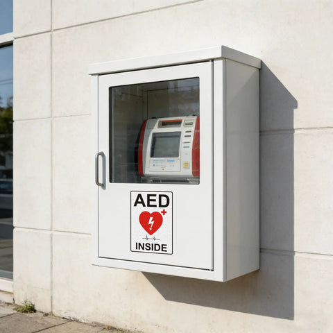 AED Sign Stickers, 2 Pack, 10x7 Large Vinyl Wall Signage For Quick AED Location, High Visibility Reflective Decals For Cabinets, Walls, Halls, And Emergency Response Areas on AED cabinet