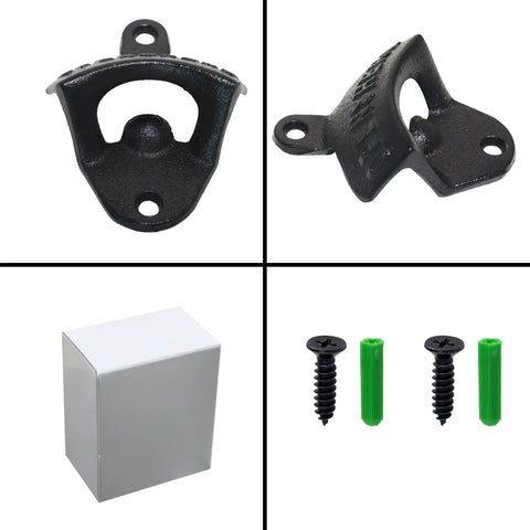 Heavy Duty Cast Iron Beer Bottle Opener Wall Mounted With Installation Screws with screws and packaging, durable design for easy use.