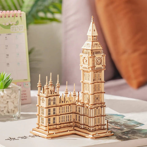 3D Wooden Puzzle Of Big Ben For Adults A Hands On Model Kit That Brings London Landmarks To Life Totally Epic Gift For Puzzle Nerds 14 Plus Hobby Builders; assembled wooden Big Ben tower model on desk
