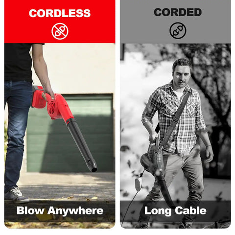 Comparison of M18 Battery Compatible Cordless Leaf Blower with 320 CFM Airflow and corded blower showing portability versus cable length