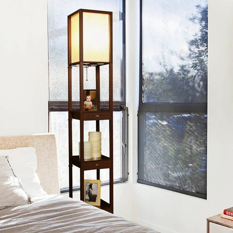 Maxwell Drawer Edition Shelf Floor Lamp With Drawer For Corner Display In Living Room Bedroom And Office Havana Brown Finish Warm White LED Bulb Energy Saving Long Lasting Modern Dope Space Saver For Any Room