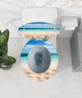Top view of Tropical Paradise Round Toilet Seat With Gentle Soft Close Hinges And Easy Peasy Quick Swap Brackets Killer Beach Umbrella Vibe.