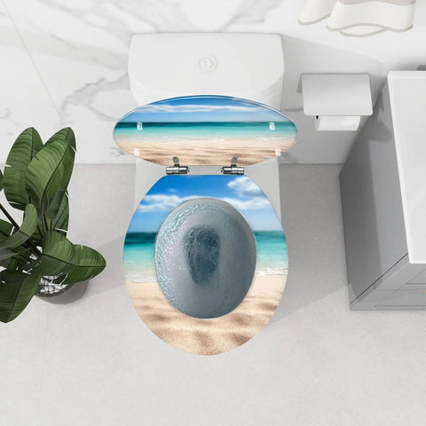 Top view of Tropical Paradise Round Toilet Seat With Gentle Soft Close Hinges And Easy Peasy Quick Swap Brackets Killer Beach Umbrella Vibe.