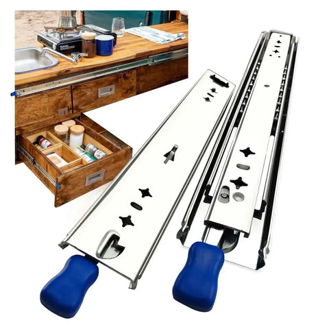 Rock Solid Heavy Duty Drawer Slides With Slide Lock, Zero Friction Ball Bearing Glide, Quiet Rubber Stopper, Crush Weight 256 Lb Capacity, Industrial 56 Inch Guide Rail, Smooth As Glass Cabinet Hardware showcasing slides and open drawer with spices.