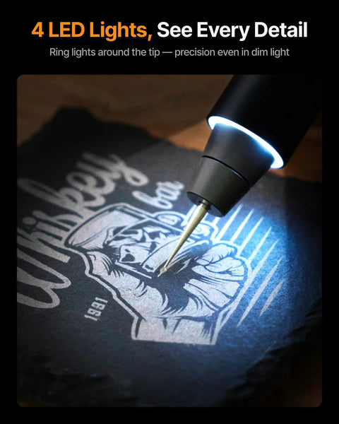Daily Driver Portable Cordless Engraving Pen Handheld 5 In 1 Rotary Tool engraving detail on black stone with LED lights.