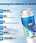 Packaging of Refrigerator Water Filter Pack of 3 Compatible With Whirlpool EDR4RXD1 Maytag with quality certifications and benefits listed.