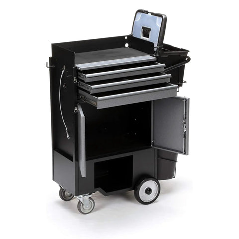 Heavy Duty Painters Utility Cart Featuring Plug And Play Setup And Five Gallon Bucket Holder Built Like A Tank For Rough Job Site Grind And Smooth Rolling with multiple drawers and storage compartments.