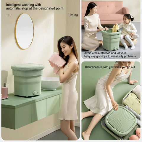 Totally Clutch Portable Foldable Washing Machine For Dorm Rooms And Tiny Spaces Super Handy Mini Laundry Spinner For Socks Underwear And Baby Clothes In Green shown with a woman using a towel.