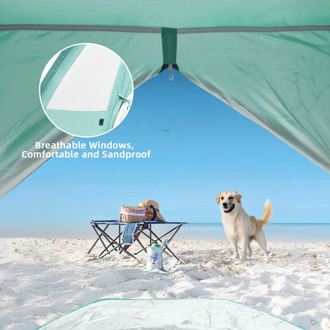 Ultra Spacious Beach Tent For 3 To 4 People With Easy Setup, UPF 50 Plus UV Protection, mesh windows shown on beach
