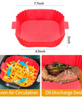 Two Pack Reusable Air Fryer Square Liners For 3 To 6 Qt, Heat Resistant Silicone Liner Pots shown with red liner dimensions