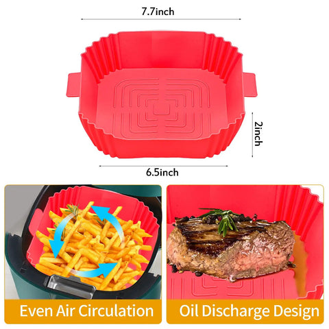 Two Pack Reusable Air Fryer Square Liners For 3 To 6 Qt, Heat Resistant Silicone Liner Pots shown with red liner dimensions