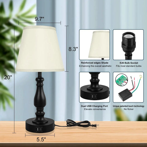 Set Of 2 20 Inch Bedside Lamps With Dual USB A And USB C Charging Ports, 3 Way Touch Control, Black Finish, dimensions shown